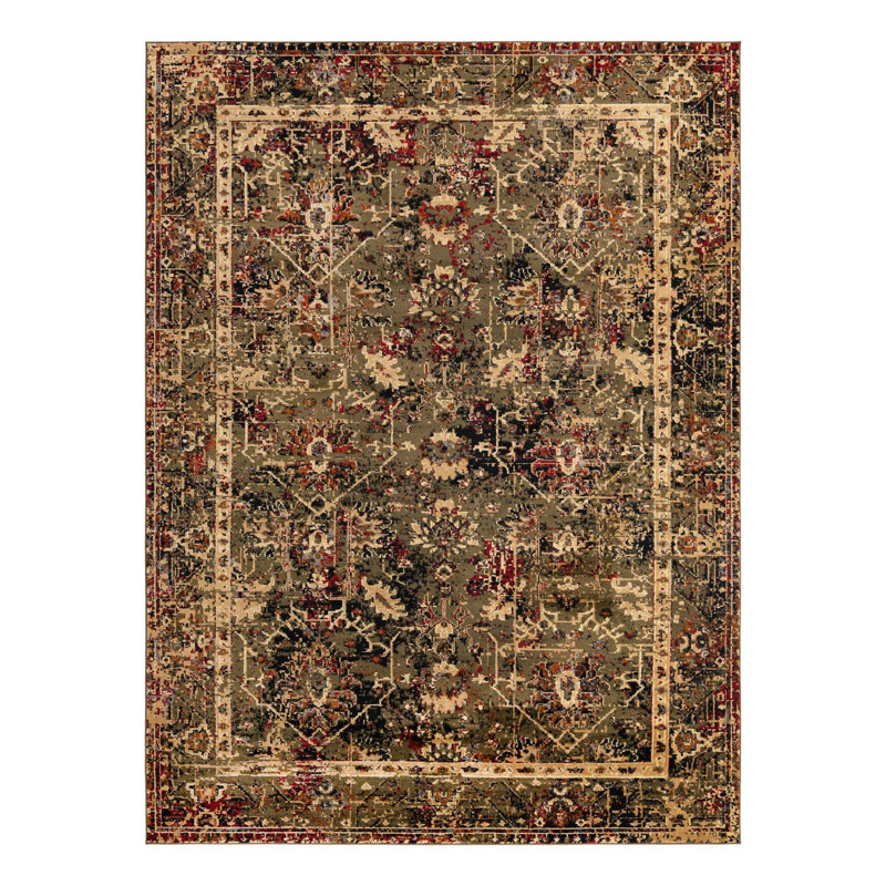 Tapis à motif géométrique vert / rouge / brun clair Alameda, Rectangle 9 pi x 12 pi