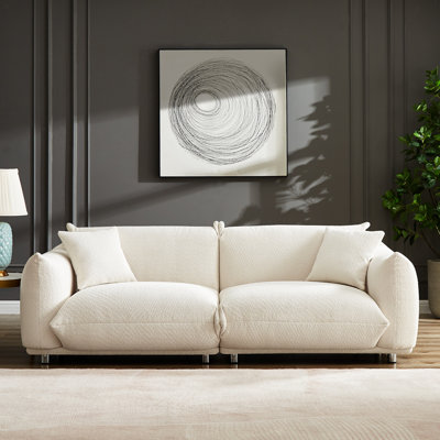White Oversized 3-Seater Sherpa Sofa with Metal Legs & 2 Pillows for Apartment/Office