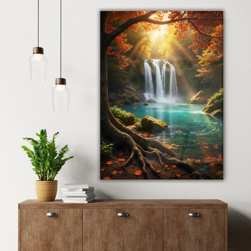 Tableau mural en verre trempé avec cascade en forêt d'automne, H 12 po x l 8 po