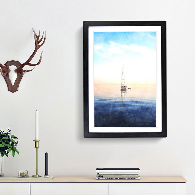 Lone Sailboat - Framed Print, 33cm H x 24cm W x 2cm D, Black Framed
