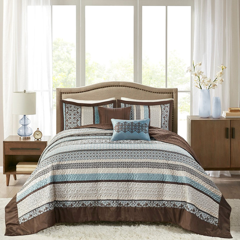 Courtepointe 5 pièces avec coussins décoratifs bleus, double / grand, style traditionnel, géométrique et motifs, lavable à la machine, motif, revers de couleur unie, froissé