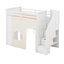 Lit mezzanine simple avec bureau et escalier de rangement, structure de lit mezzanine avec tiroirs, tablettes, maisonnette à rideaux, lit simple en bois massif avec garde-corps
