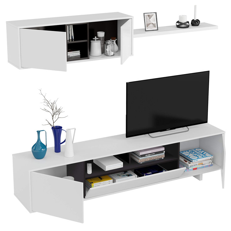Bazile Fitted Wall, TV stand For Living Room Set Composition With Wall Unit, 260X41H46 Cm, Glossy White