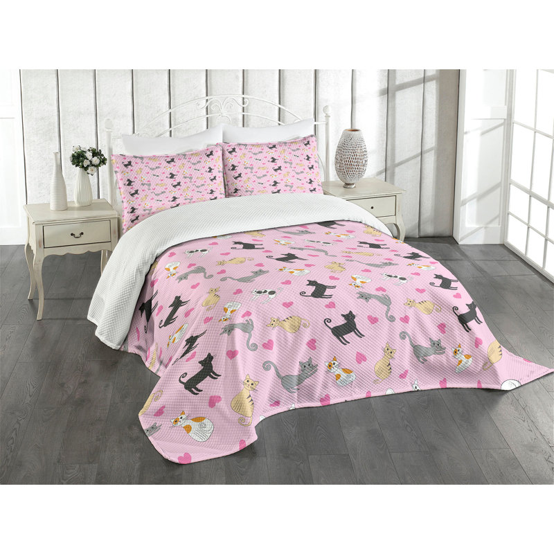 Queen Size Pink Cat Pattern Bedspread Set