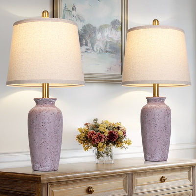 24.5" Modern Ceramic Table Lamp with Oatmeal Fabric Shade, 2-Way Switch, 3000K LED Bulb Included