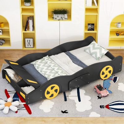 Twin Size Race Car-Shaped Platform Bed With Wheels And Storage, Black+Yellow