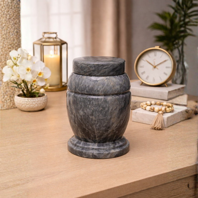 Decorative Marble Cremation Urn, White and Gray Natural Stone