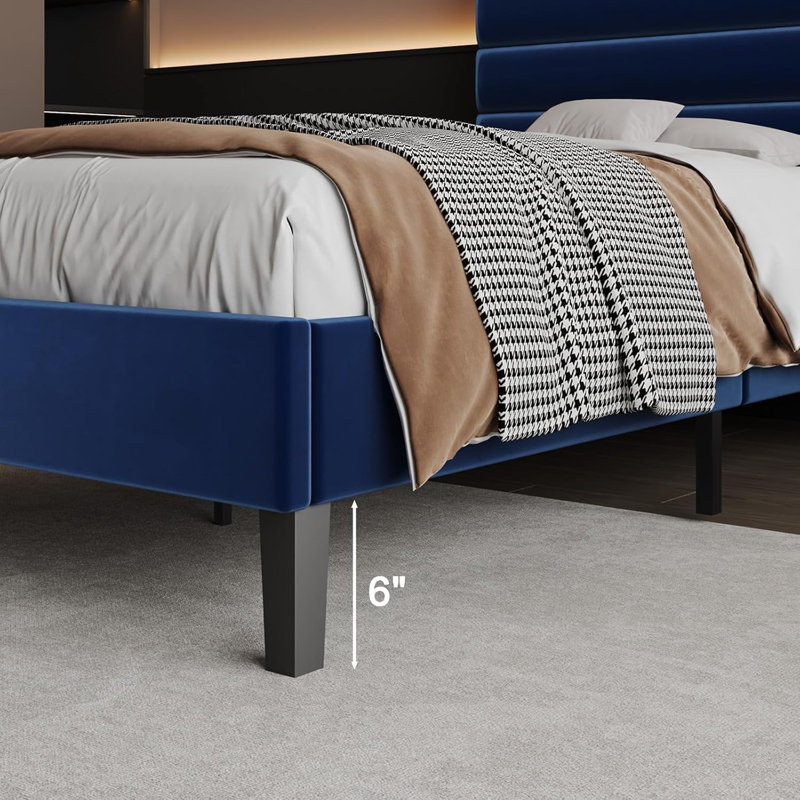 Cadre de lit avec tête de lit, cadre de lit plateforme avec tête de lit tapissier en velours, Double, Bleu