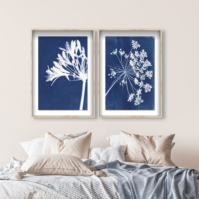 Cyan Flowers Set Shadowbox Floral & Botanical Print by Oliver Gal, Black Frame, 10 x 15, 31.5"H x 46.5"W