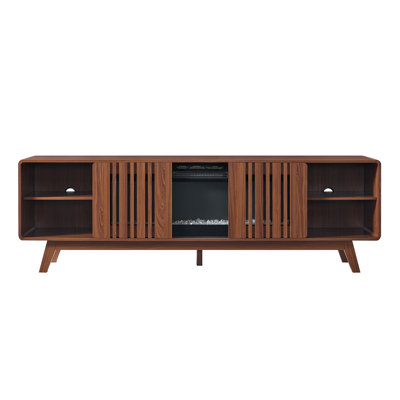 78 Inch Mid‑Century Modern Electric Fireplace TV Stand, Media Console for 85 Inch TV, 1400W Heater with 16 Color Flame, Touch & Remote Control, Walnut