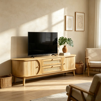 Meuble télé en rotin pour téléviseur de 75 po ou moins, console multimédia de style campagne moderne, centre de divertissement avec pieds en bois massif, meuble télé pour le salon, cinéma maison