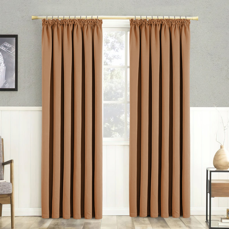100% Polyester Blackout Pencil Pleat Room Darkening 230 GSM Curtains (Set of 2), 168cm Width x 228cm Drop, Beige