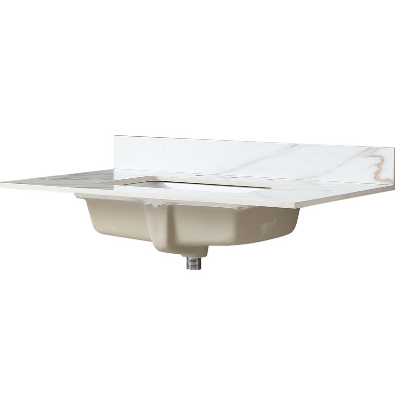 Comptoir de lavabo de salle de bain en marbre blanc 37 pouces - dosseret de 4 po, 8 trous de robinet, teinture et pierre frittée imperméable pour comptoir de meuble-lavabo avec dosseret de 4 po