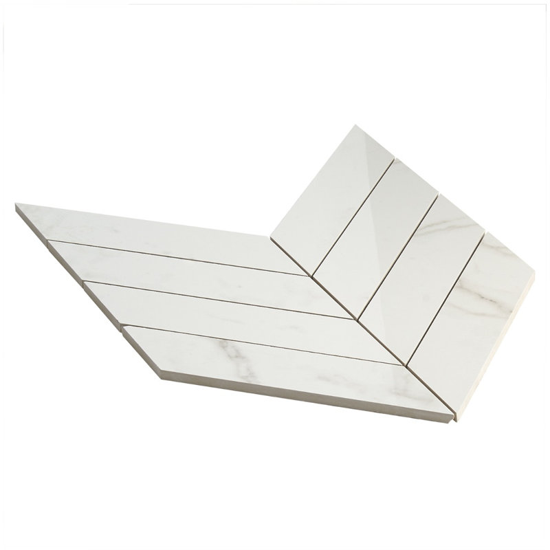 Saroshi 11.02 in. x 11.22 in. Polished Porcelain Marble Look Heringbone Floor and Wall Mosaic Tile, Statuario Venato