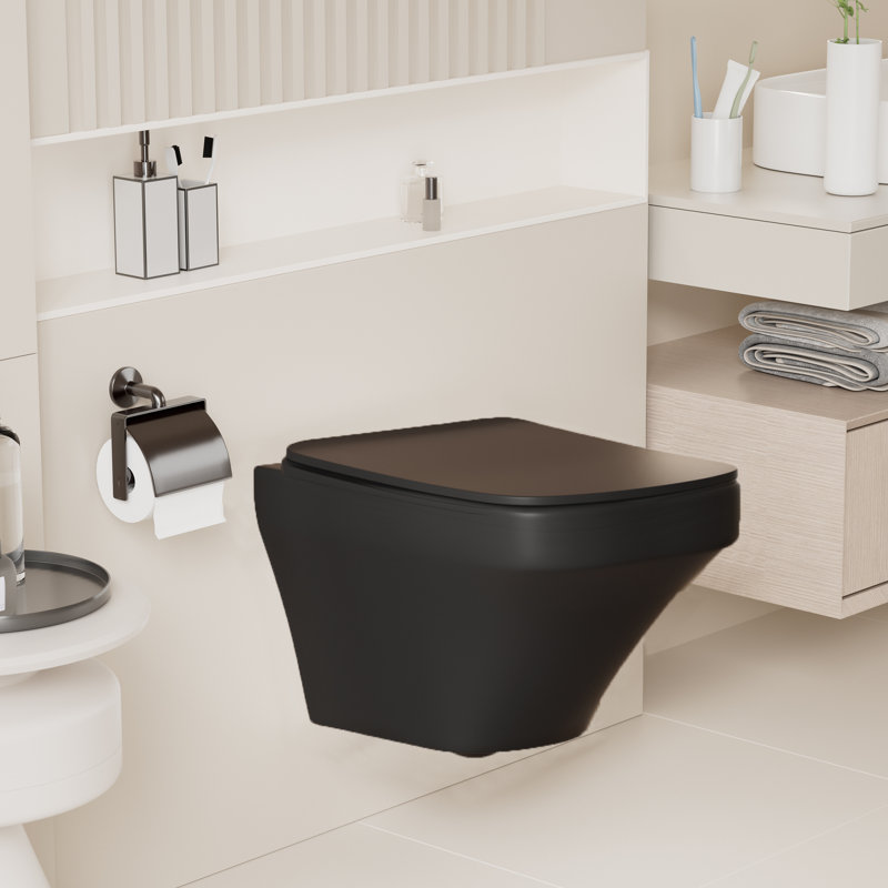 Ebern Designs Olgun Wall Hung Toilets, Back to Wall Toilet, 4L LPF Round Wall Mounted  (Seat Included), Black