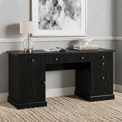 Bureau de direction moderne cannelé 60 po avec station de charge - Bureau d'ordinateur en bois avec classeur et tiroirs - Bureau à domicile ou salle d'étude
