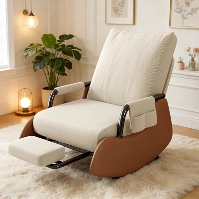HDHNBA Adjustable Recline Corduroy Rocking Chair With Footrest Side Pocket And Washable Cushion