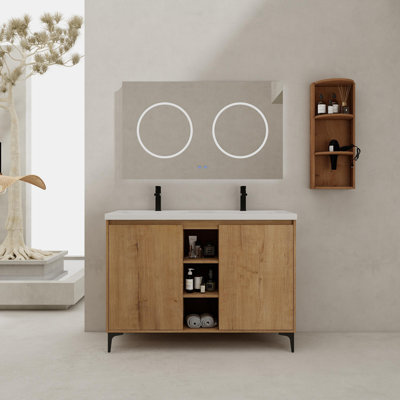 Meuble-lavabo autoportant avec lavabo double et support de rangement, portes à fermeture douce