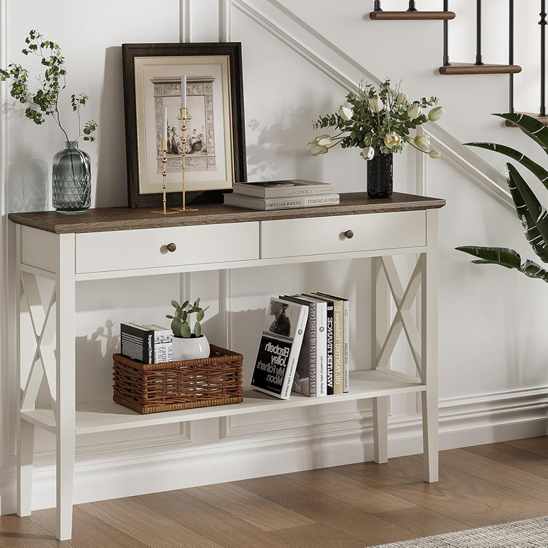 Console avec tiroirs et tablette Farmhouse - blanc et brun