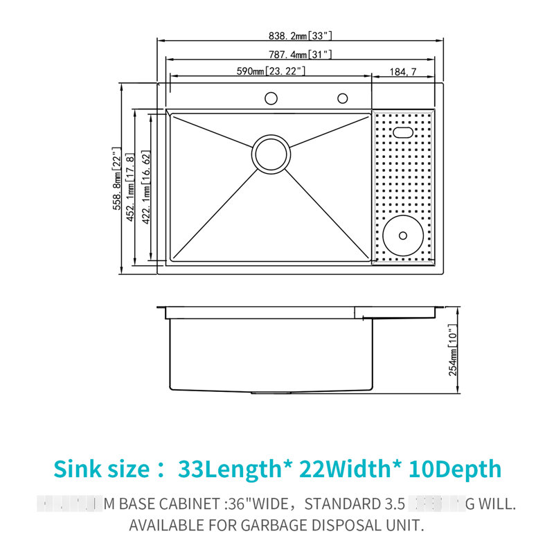 Évier de cuisine 33 po avec rondelle en acier inoxydable, ouverture de drain standard de 3,5 pouces pour une installation facile, largeur de paquet de 25 po, emballage pratique