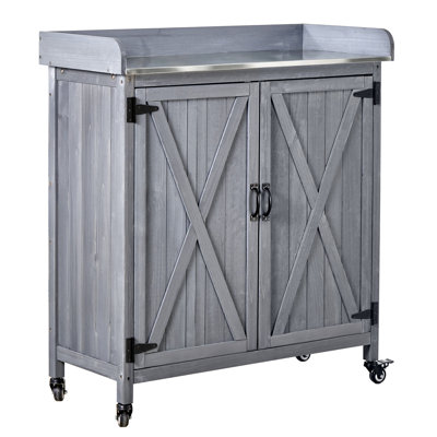 Table de rempotage, meuble de rangement de jardinage extérieur en bois avec plateau en fer galvanisé de 91 x 41 cm, 4 roulettes pour terrasse, poste de travail pour le jardinage avec grand espace de rangement, jardin, gris