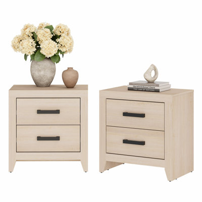 Set Of 2 Nightstands With 2 Drawers, Modern Farmhouse Bedside Table With Matte Black Pulls For Bedroom & Living Room