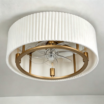 20" Modern Beige Pleated Fabric Flush Mount Ceiling Fan with Light, 7-Blade Hidden Reversible DC Fan Light Fixture with Remote Control for Bedroom Living Room Nursery