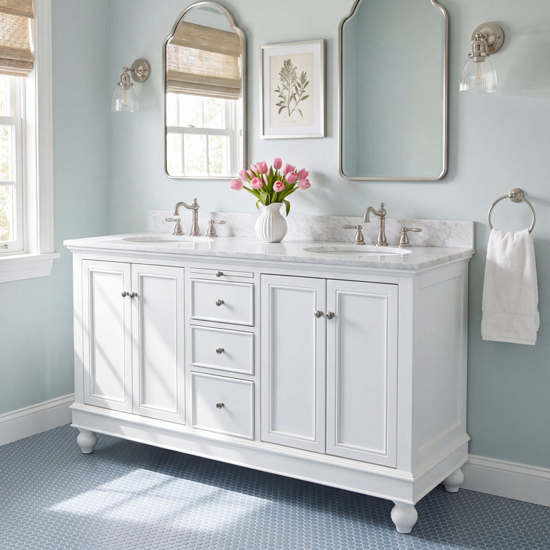 Ferdinand 60'' Double Bathroom Vanity with Top, White, Carrara Marble