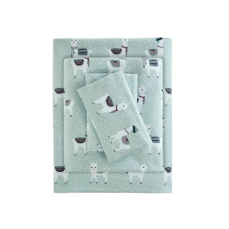 Ensemble de draps 100% coton Cozy, Ensemble de draps pour grand lit avec 2 taies d'or, Motif de lamas écume de mer