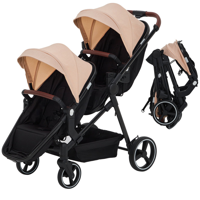 Tandem Double Stroller for Newborn & Toddler - Collapsible Lightweight Twin Stroller with Reversible Seats - One-Hand Fold, Adjustable Backrest & Canopy, 5-Point Harness, Large Storage Basket - Khaki