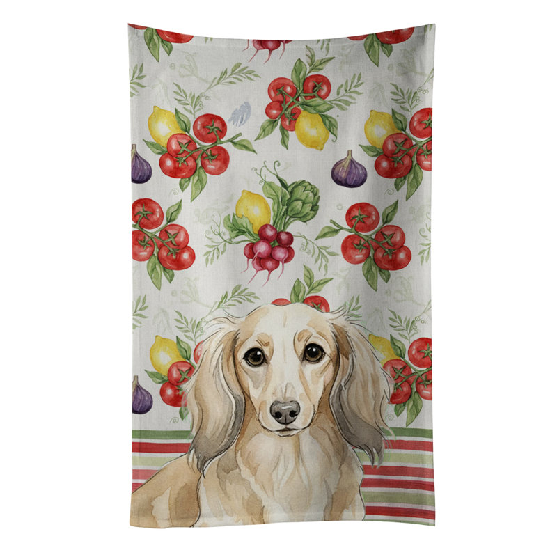 Longhaired Cream Dachshund Vegetables Kitchen Towel, Longhaired Cream Dachshund