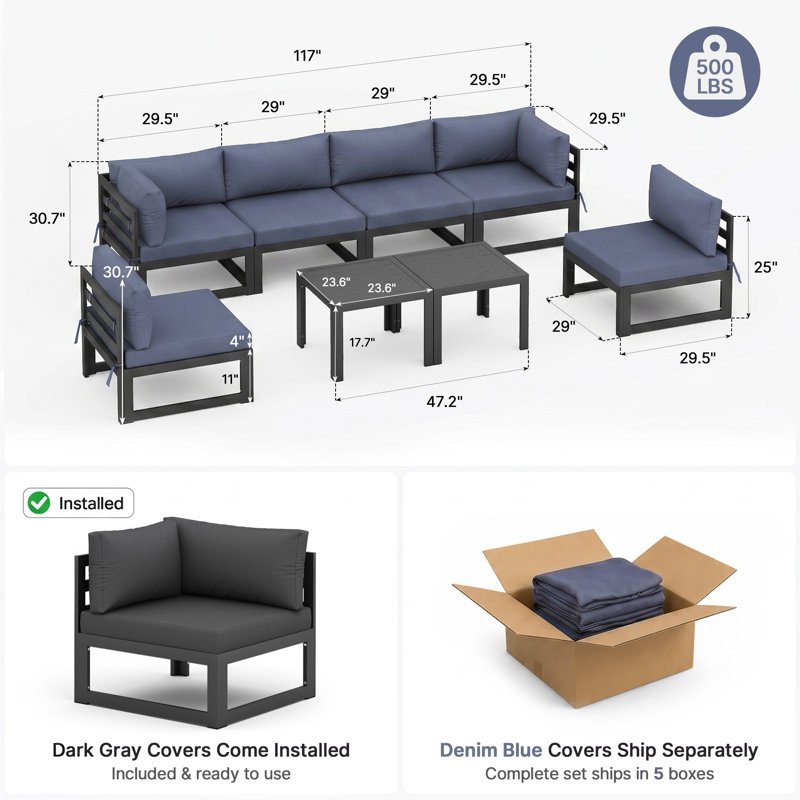 Ensemble de conversation modulaire d'extérieur en aluminium avec coussins et table basse 8 pièces Gilemette, Gris, Bleu denim