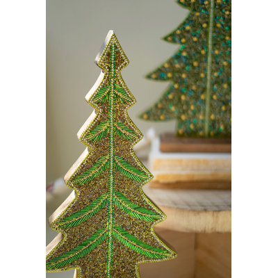  Wooden Christmas Tree Duo with Beaded Detail – Rustic Farmhouse Accent