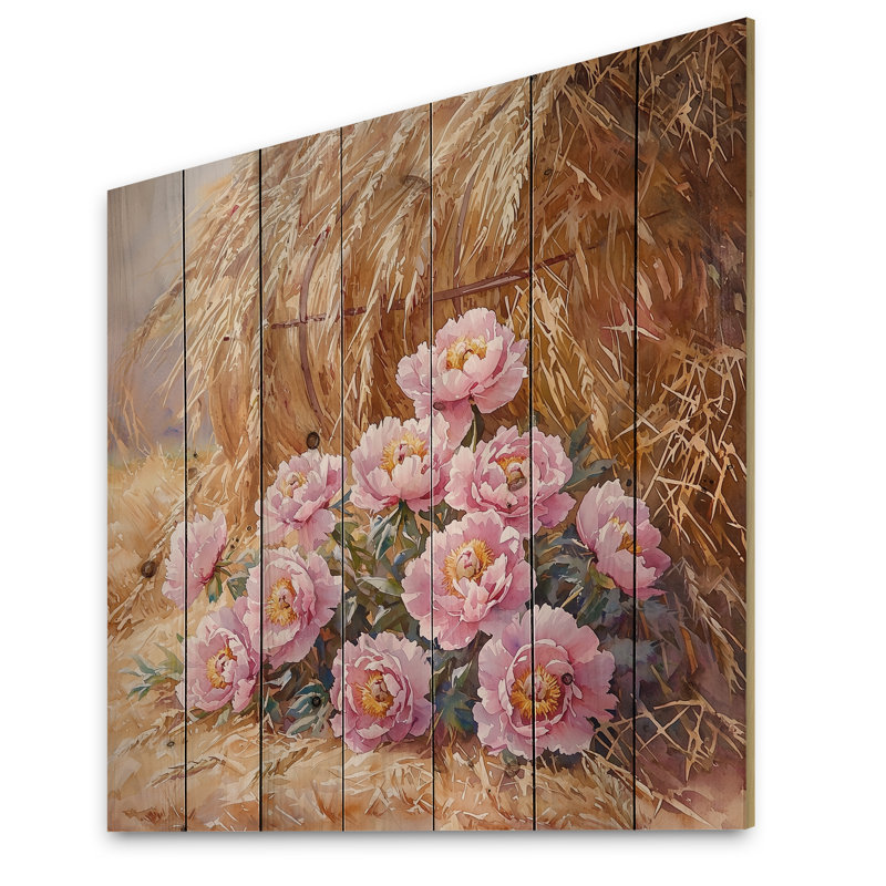 Peonies Near The Haystack - Peonies Wood Wall Decor - On Natural Pine Wood, 25" H x 25" W x 0.78" D