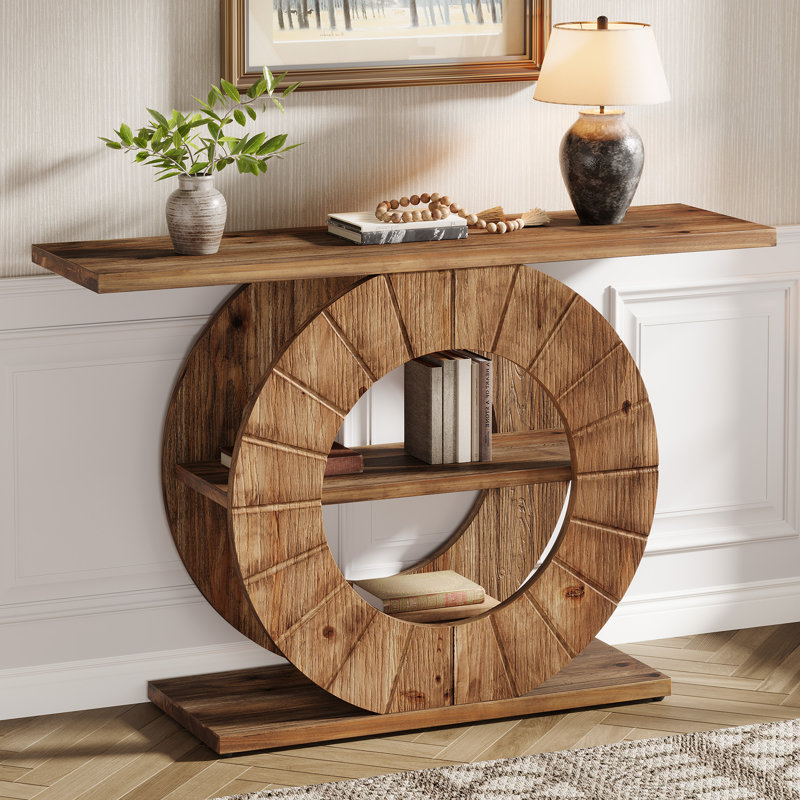 41" Solid Wood Console Table with Storage, 3-Tier Farmhouse Sofa Table with Carved Round Base