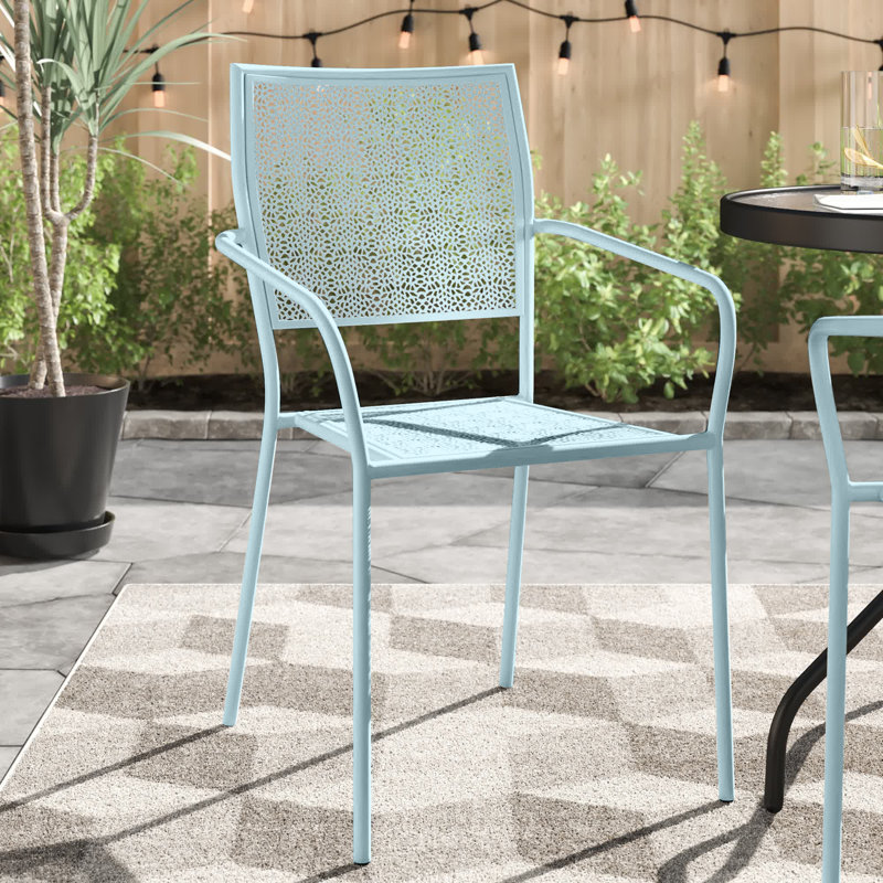 Commercial Grade Indoor-Outdoor Steel Patio Arm Chair with Square Back, Sky Blue