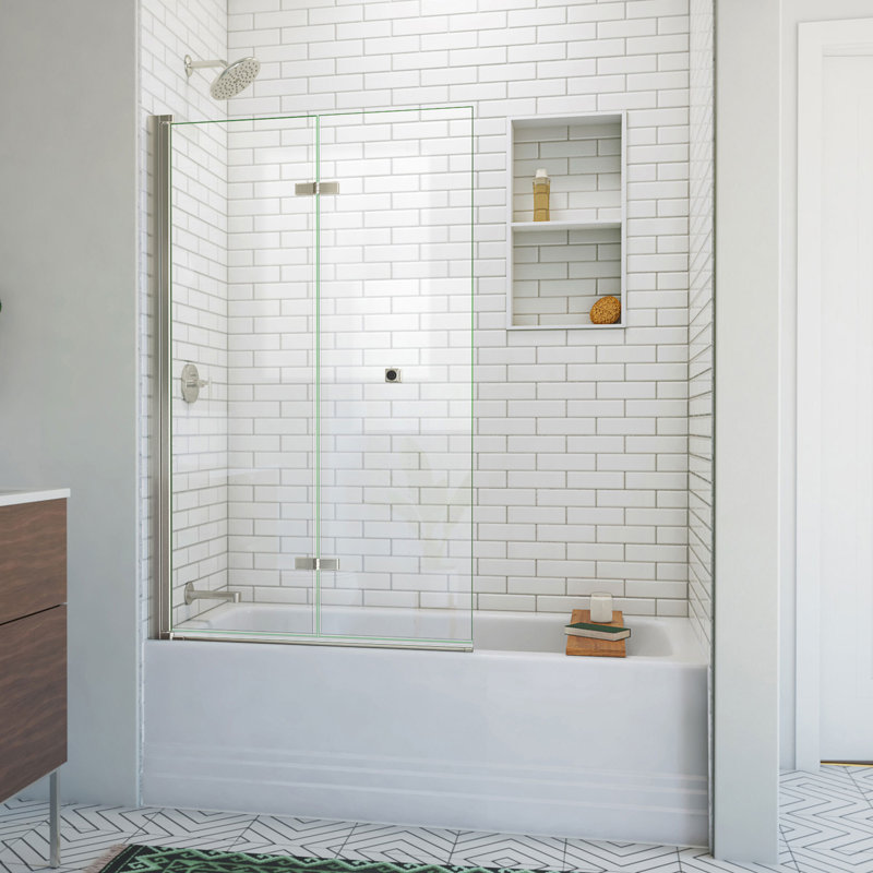 Aqua-Q Fold 36 W X 58 H Frameless Tub Door, Brushed Nickel