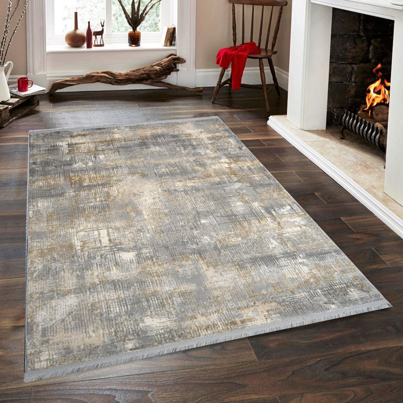 Tapis luxueux (6,6 x 9,5 pi), gris, beige et crème | 60% polypropylène / 40% polyester, 1 700 g / m² | Poils de 0,3 po de hauteur, 320 000 points de fil | Facile à nettoyer avec l'aspirateur, idéal pour le décor du salon et de la chambre à coucher