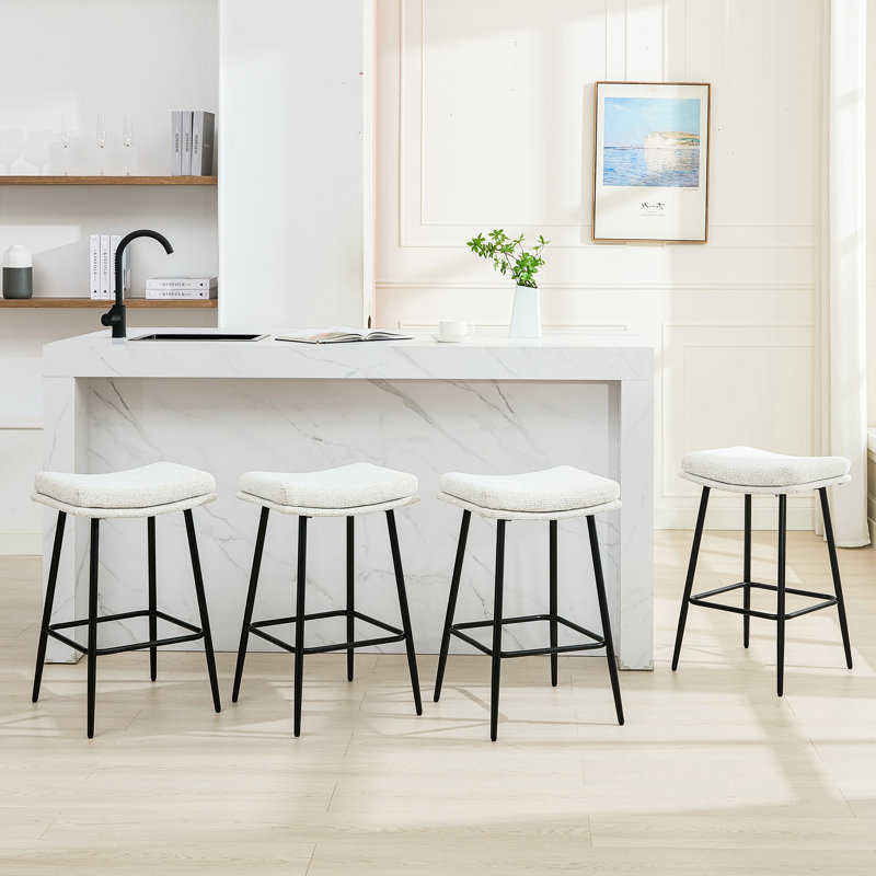 26" Upholstered Backless Saddle Bar Stool with Metal Frame, 4, White