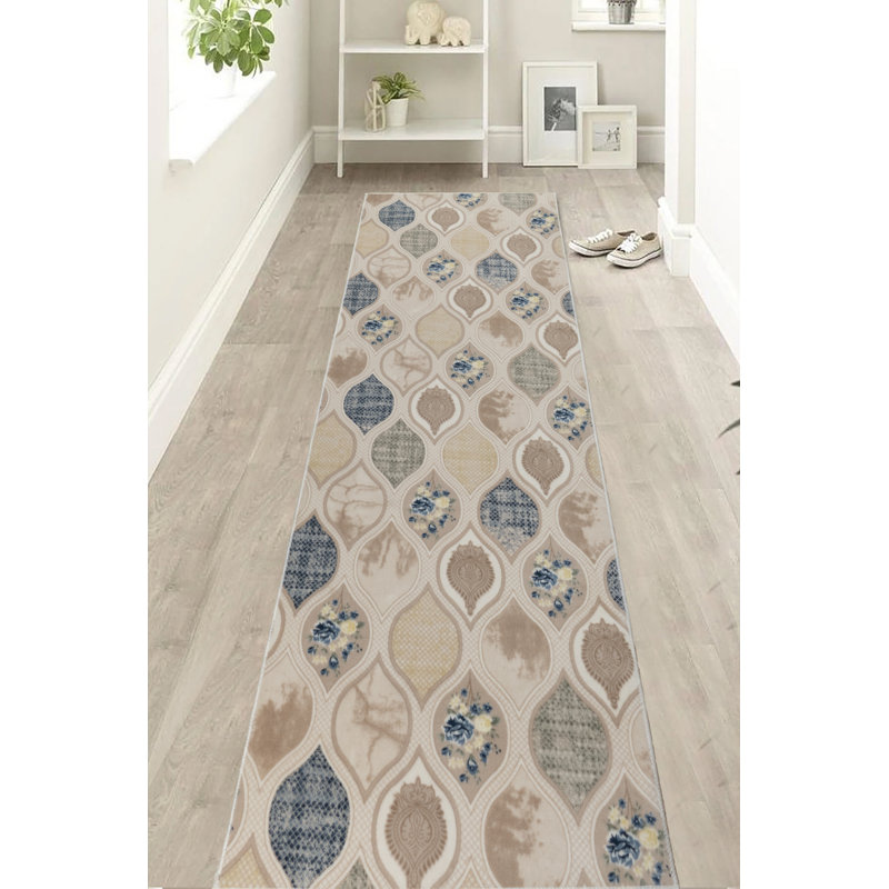 CUSTOM SIZE Anti-Slip Gel Dot Backing Antibacterial Low Profile Soft Cut Pile Damla Design Rug Runner, Runner 2'7" x 6'