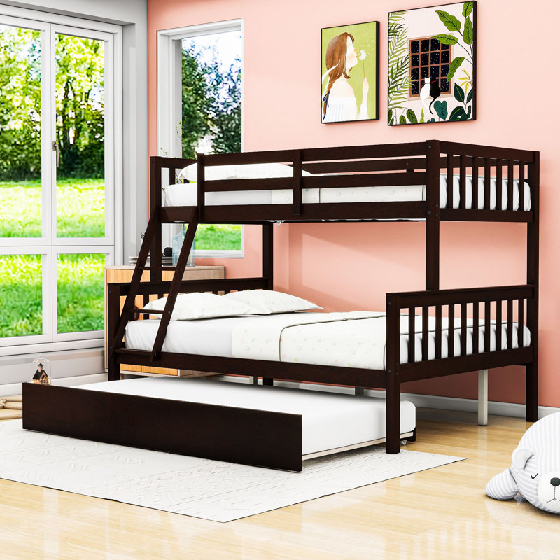 Twin Over Full Bunk Bed With Ladder, Guardrail And Twin Trundle, Espresso