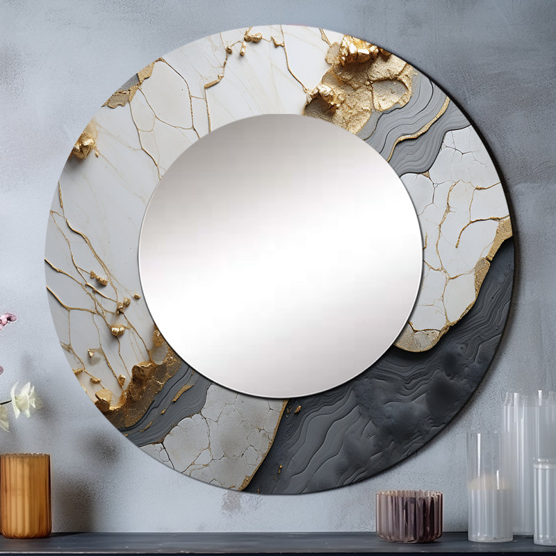Minimalisme blanc or Poteries - miroir mural spirales abstraites, miroir décoratif rond blanc, impression d'art en métal