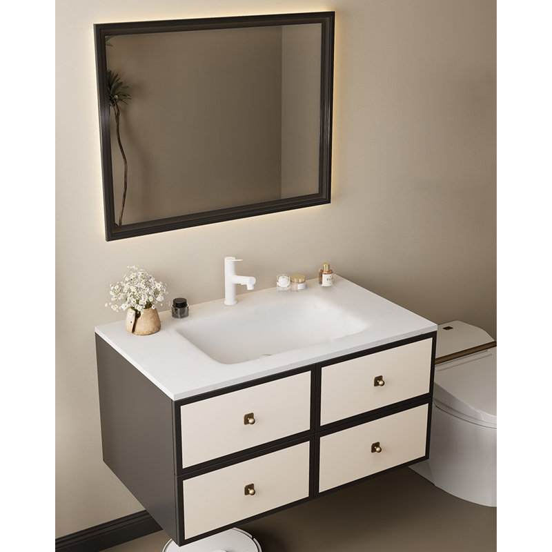Meuble-lavabo moderne minimaliste en bois d'hévéa avec comptoir Corian
