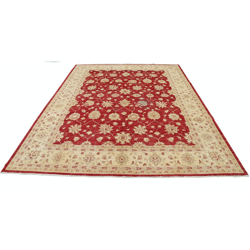 Tapis turc en laine noué à la main 8 x 10,3 pi avec fond rouge et bordure ivoire