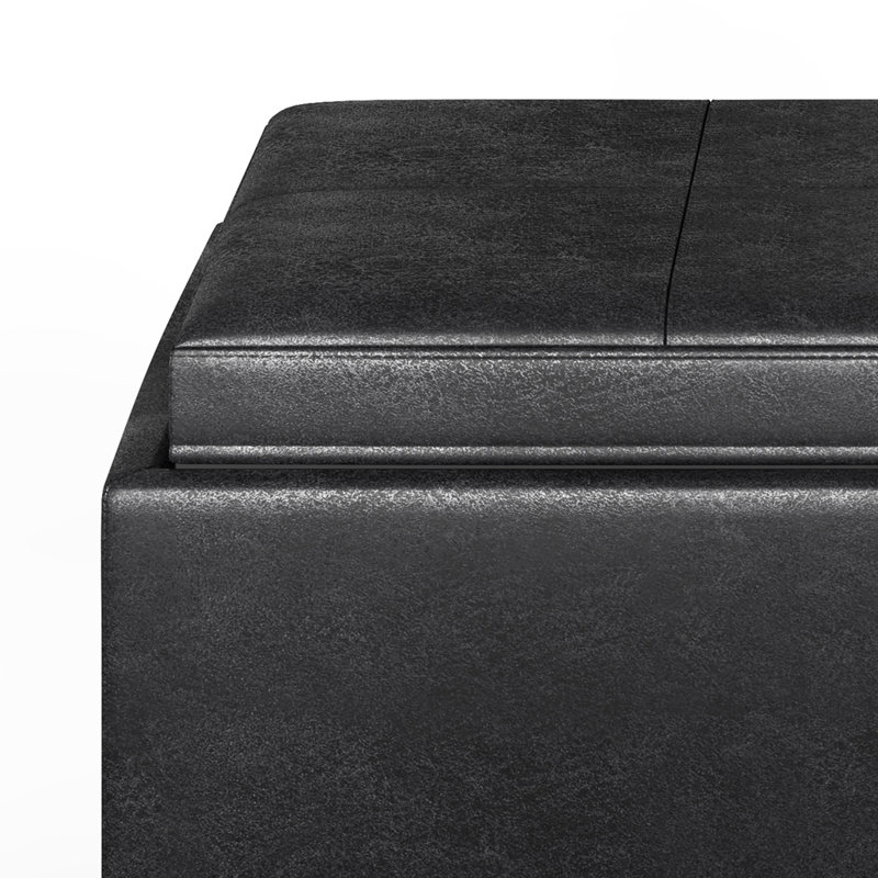 Avalon 35"W Upholstered Storage Ottoman Set with 5 Pieces and Flip-Over Serving Tray Lids, Distressed Black Faux Leather