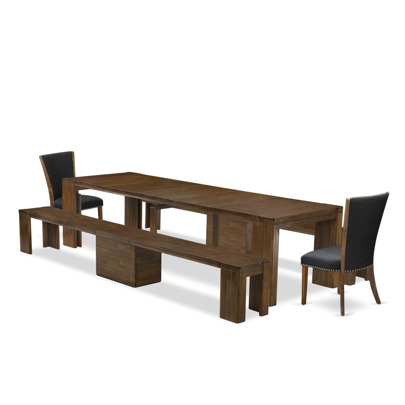 L'ensemble de table de salle à manger 5 pièces comprend une table de cuisine rectangulaire extensible, 2 chaises de salle à manger et 2 bancs modernes, noyer antique