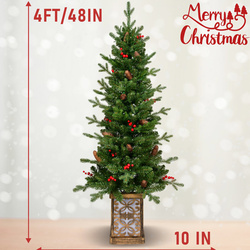 Arbre de Noël 48 pouces avec 100 lumières à DEL colorées, 396 pointes, baies rouges, pin et pot à paillettes stable