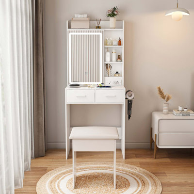 Petit bureau de coiffeuse avec miroir et lumières DEL réglables, prise de courant intégrée et rangement dissimulé, comprend tabouret et tablette rembourrés, coiffeuse pour les petites chambres