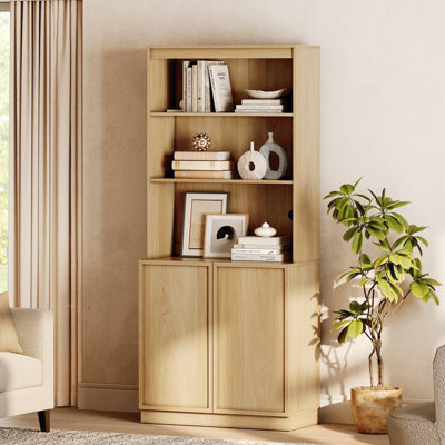 Modern 72" Tall Bookshelf with Doors and Adjustable Shelves, Library Bookcase with Storage Cabinet and Open Book Shelfs, Wood Book shelf for Home Offi