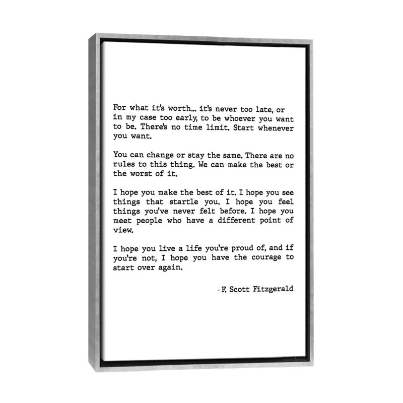 «For What It's Worth» par Scott Fitzgerald, impression d'art textuel, H 48 po x l 32 po x P 1,5 po, Toile avec cadre argenté